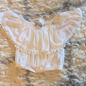Forever21 White off the shoulder top with pompoms